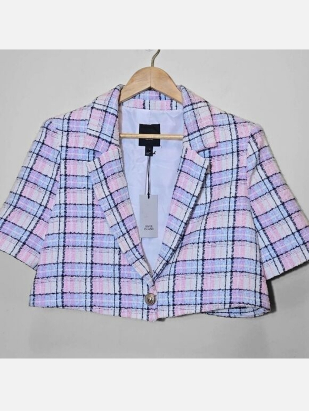 River Island Tweed Crop Blazer Jacket Size 10 Clueless Twee Preppy Schoolgirl